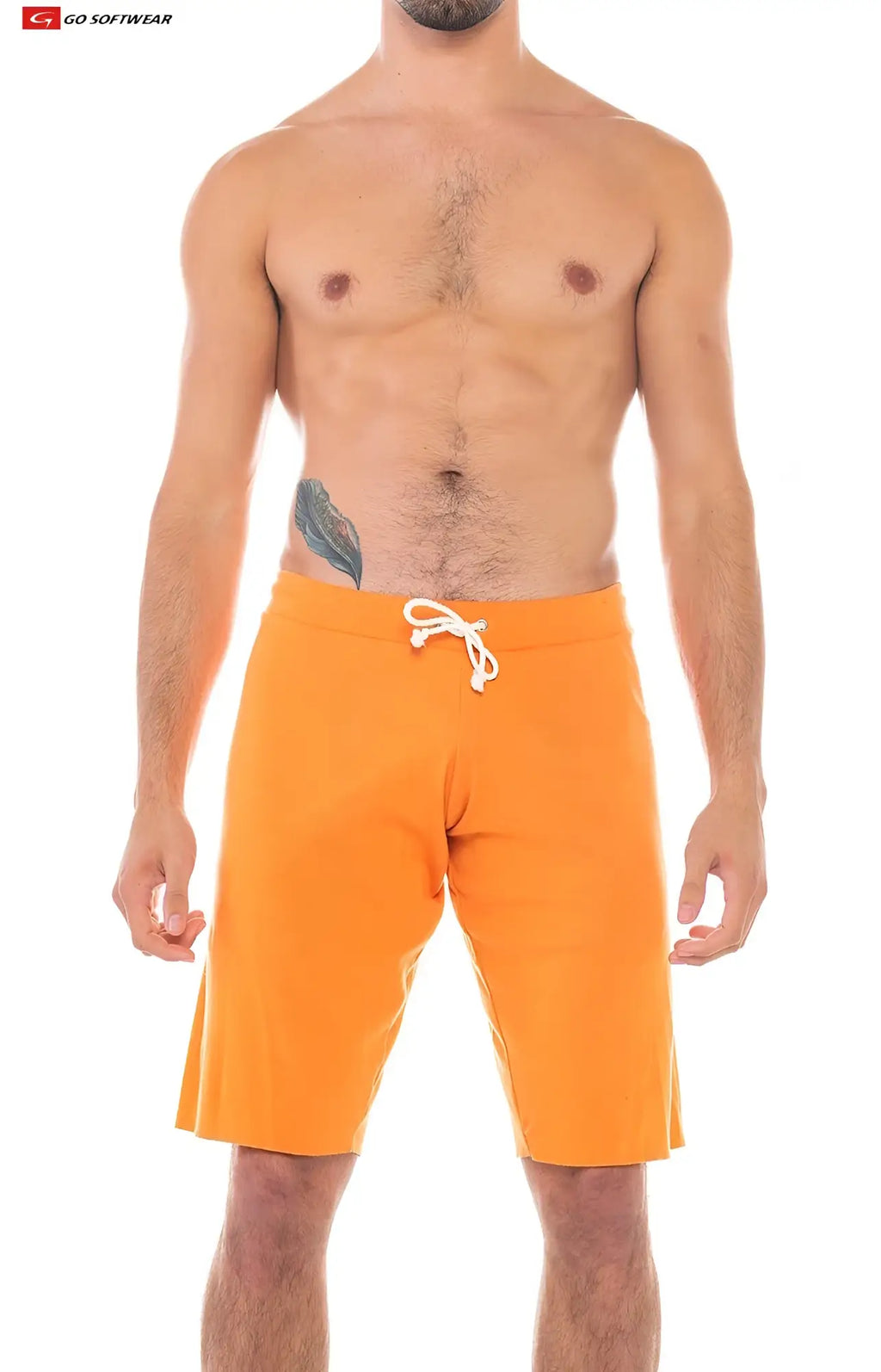 Bright orange 16 cut-off shorts with white drawstring waistband perfect for casual summer wear