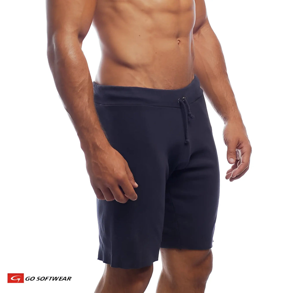 Dark navy blue 16 inch cut off athletic shorts with drawstring waistband made from soft fabric