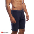 Dark navy blue 16 inch cut off athletic shorts with drawstring waistband made from soft fabric