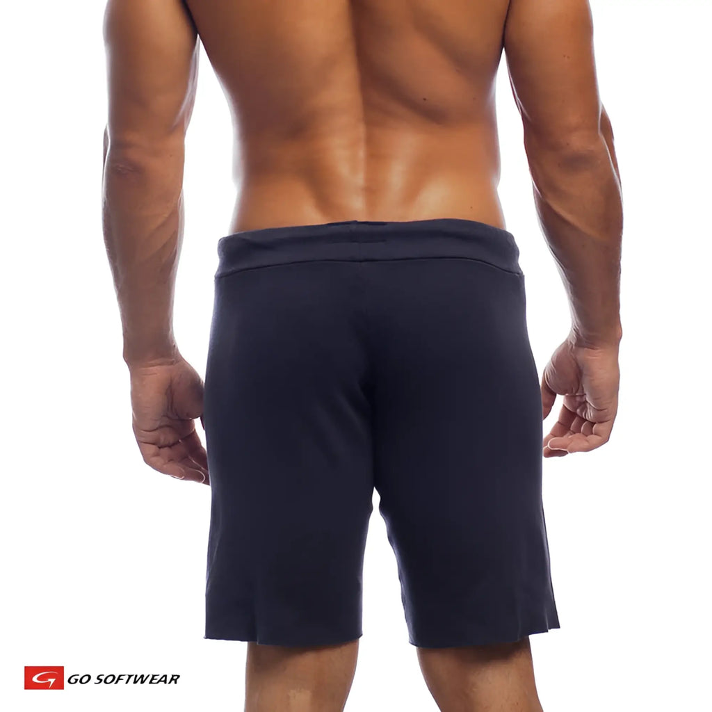 16 inch cut-off short in dark navy blue with ribbed elastic waistband made from soft fabric athletic shorts
