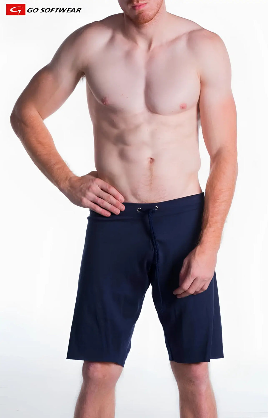 Navy blue 16 inch cut off athletic shorts with drawstring waistband and side pockets for active use