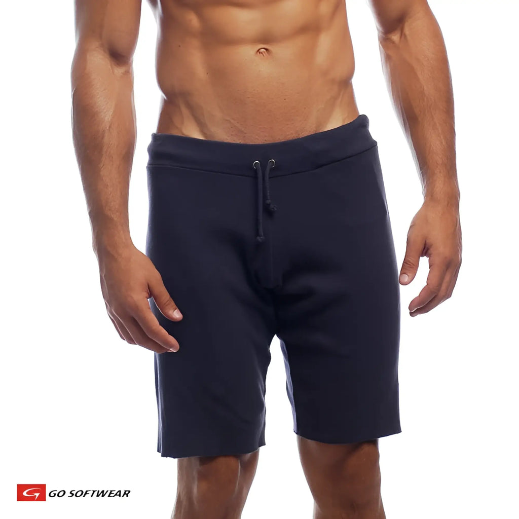 Navy blue 16 inch cut-off fleece shorts with drawstring waistband perfect for casual wear