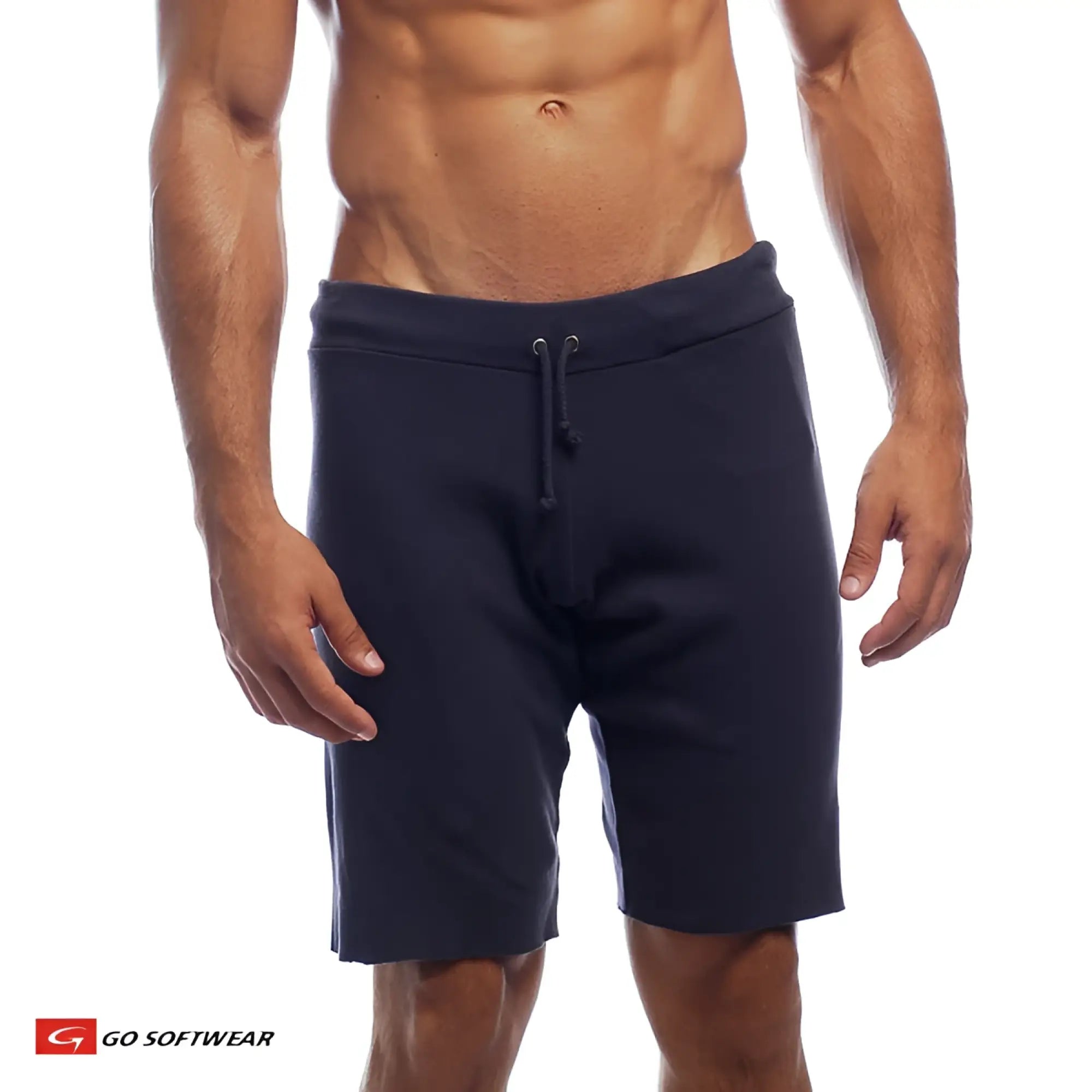 Navy blue 16 inch cut-off fleece shorts with drawstring waistband perfect for casual wear