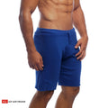 Royal blue 16 inch cut-off athletic shorts with drawstring waistband and ribbed hem for active wear