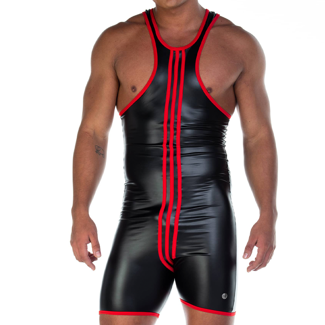 2 FETICHE RED SINGLET - Sexy bodysuit made of leather-like fabric