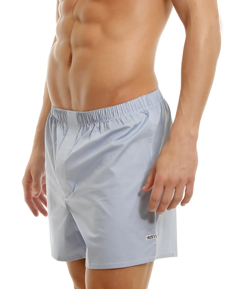 Light gray lightweight fabric shorts with elastic waistband and husty logo lower right leg from hustler 2 pack underwear