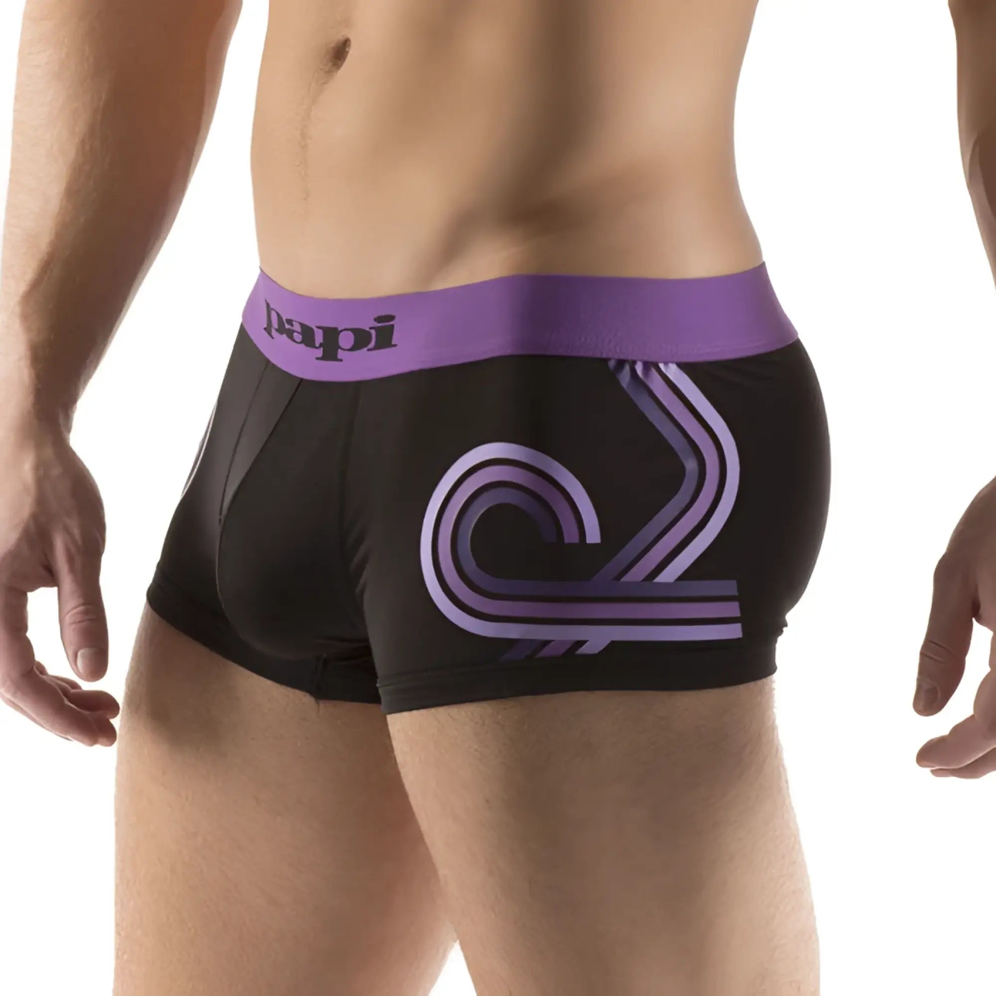 Black microfiber boxer briefs with purple waistband and abstract graphic by papi in size small front view