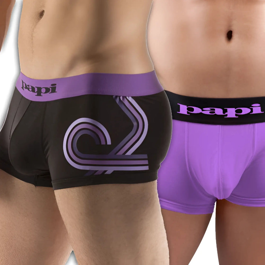 Black and purple papi loop solid brazilian trunk microfiber boxer briefs with stylized graphic design on front size s