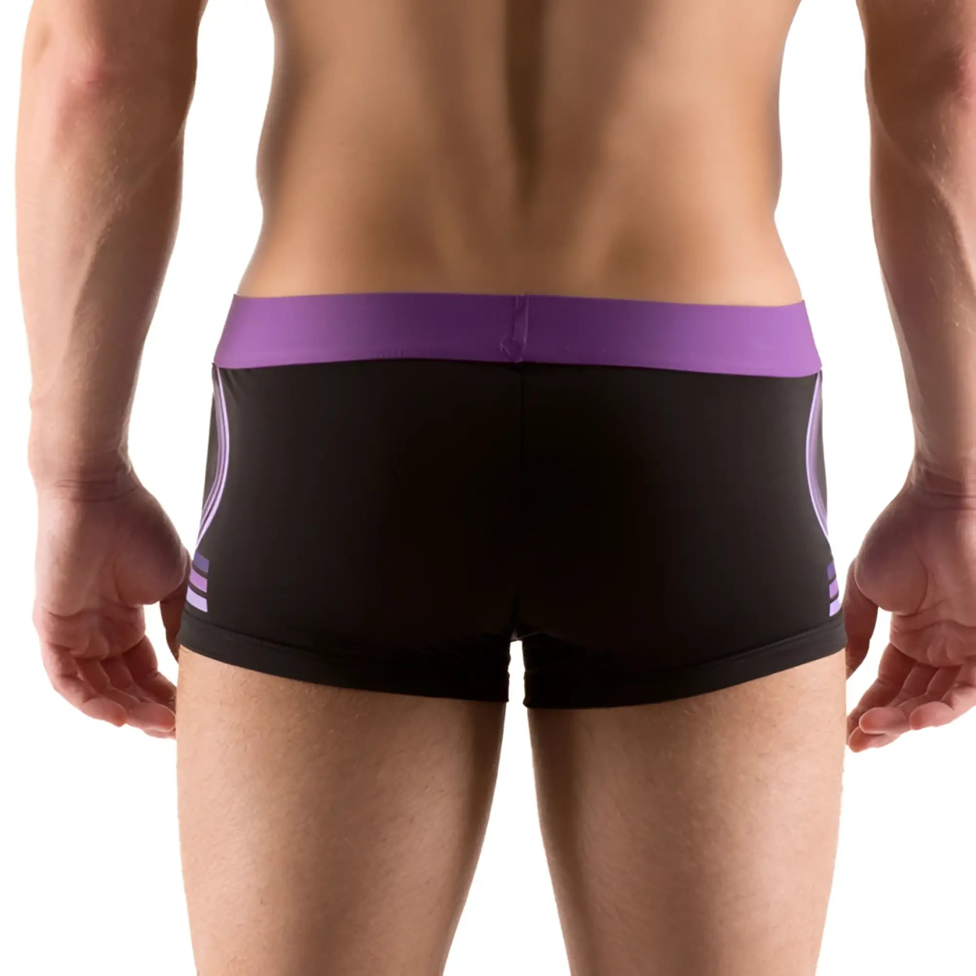 Black athletic microfiber boxer briefs with vibrant purple waistband and side stripes from papi brazilian trunk pack