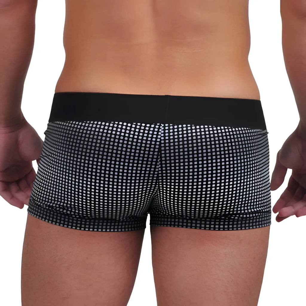 Black and white dotted microfiber boxer briefs with solid black waistband from papi ombre dot solid brazilian trunk pack xl