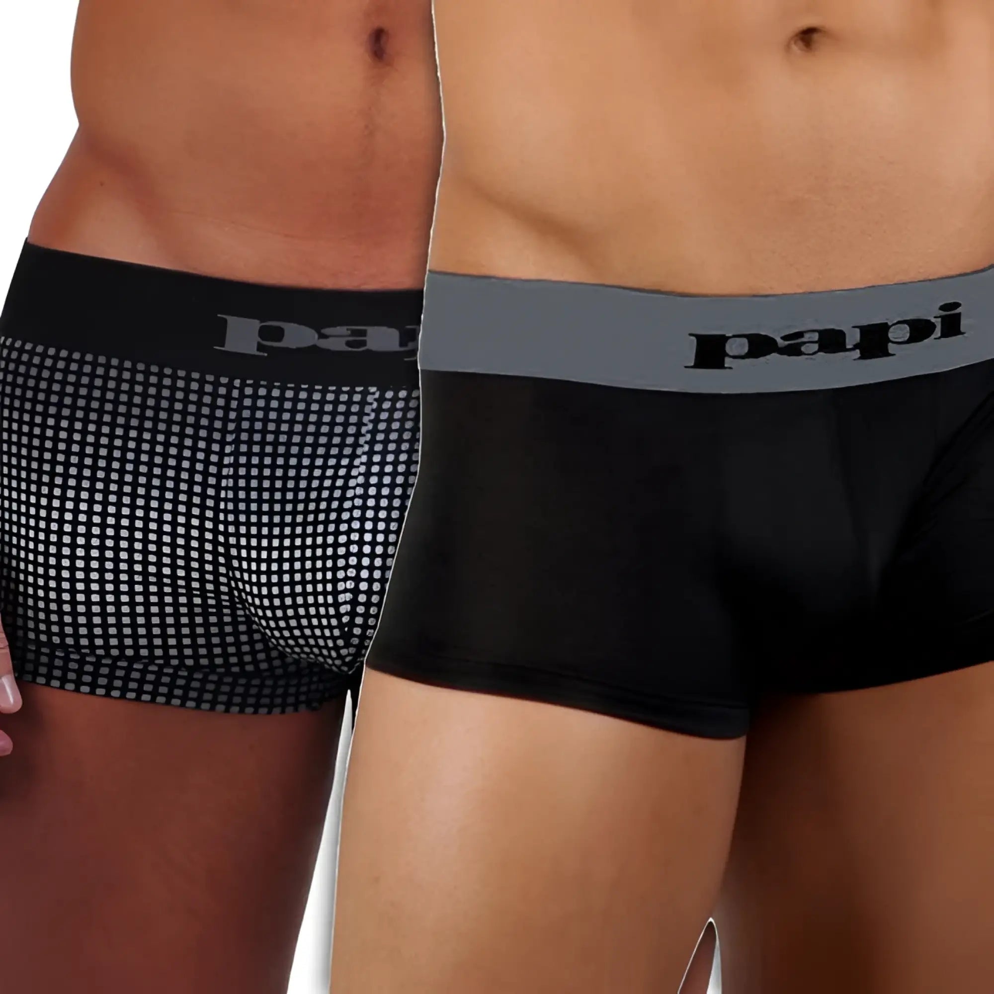 Black and gray patterned ombre dot microfiber boxer briefs with papi logo waistband in size xl back view