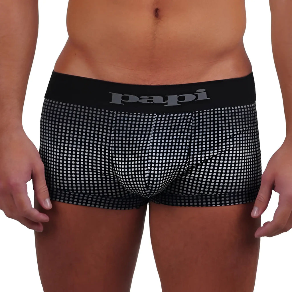 Black and white checkered papi microfiber boxer briefs with solid black waistband size xl front view