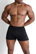 Black 2 inch side split booty shorts with elastic waistband and small logo on lower right leg in midnight black