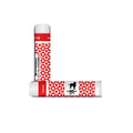 Red and white patterned coconut balm lip balm tube with spf 15 and black dog silhouette logo for lip protection