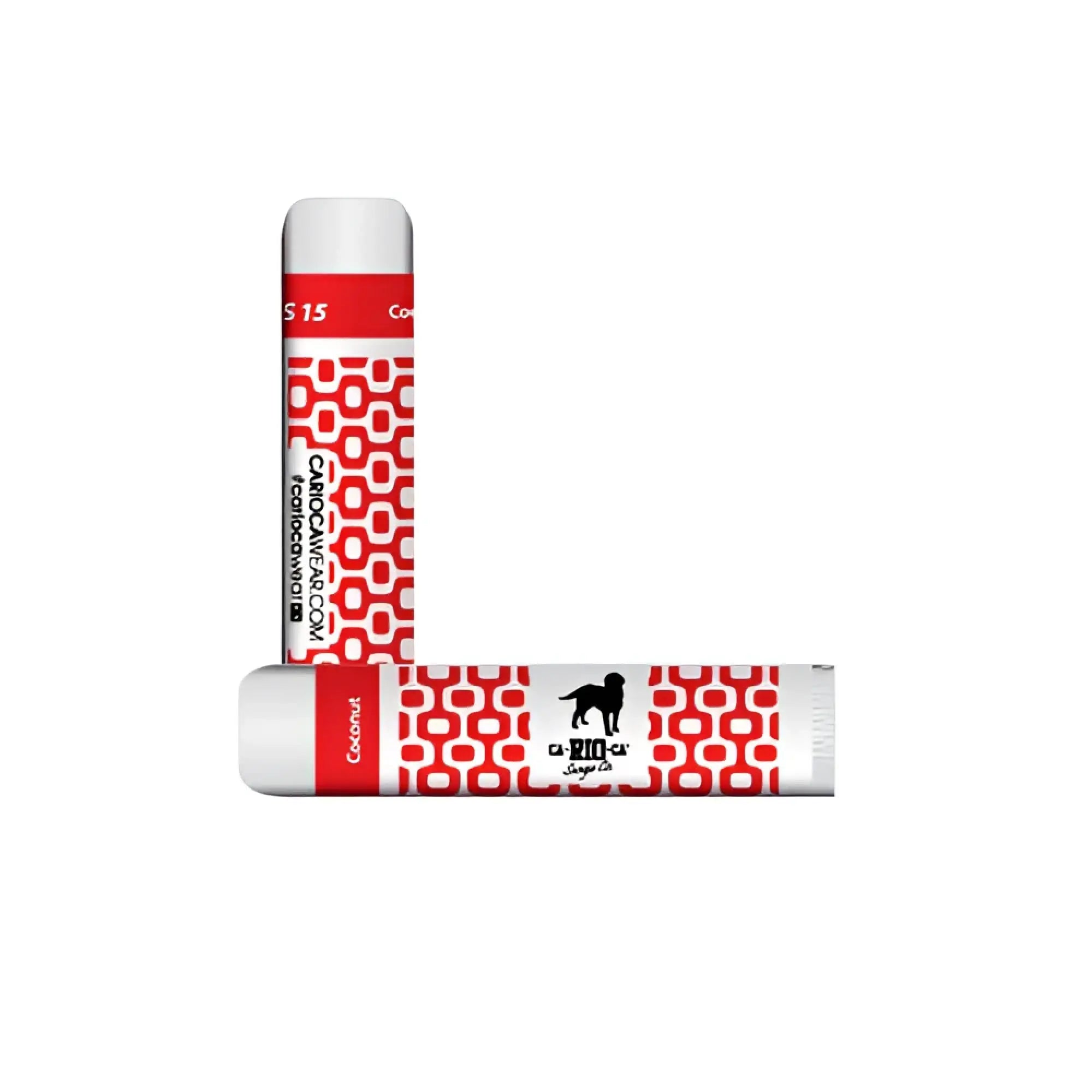 Red and white patterned coconut balm lip balm tube with spf 15 and black dog silhouette logo for lip protection