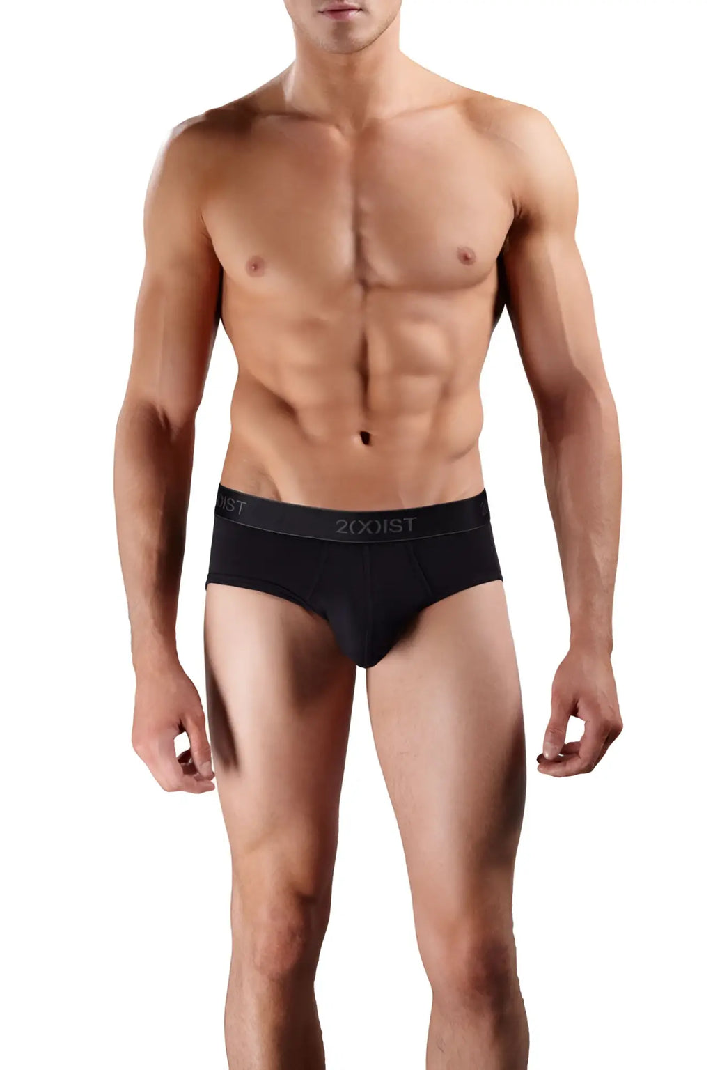 Black 2xist cotton contour pouch briefs with sleek form fitting design and white logo on waistband in size small