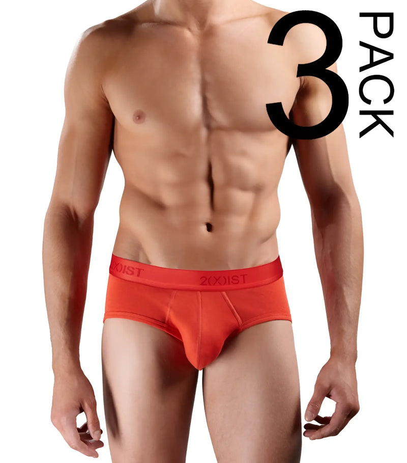 Bright orange 2xist cotton contour pouch briefs with matching elastic waistband and black brand lettering size S
