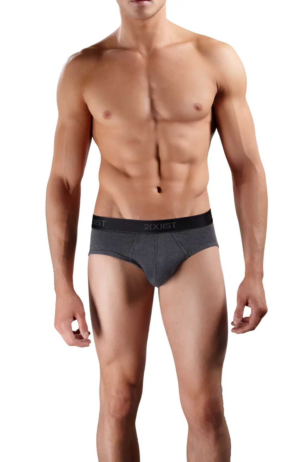 Dark gray textured cotton contour pouch briefs with black 2xist elastic waistband in size small from 3 pack set