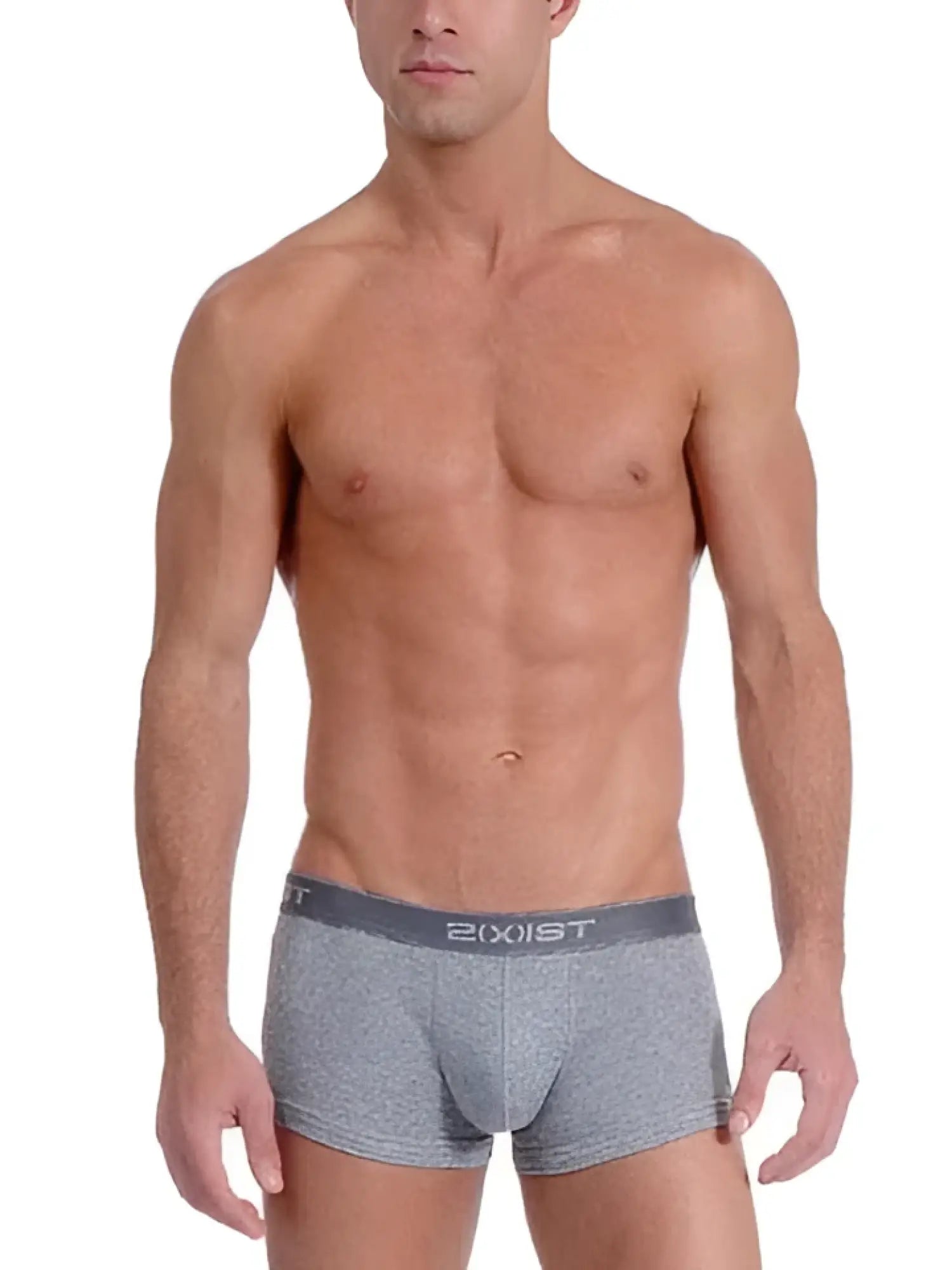 Gray heathered 2xist essential no show trunk underwear with dark gray waistband and exist brand name in white size m