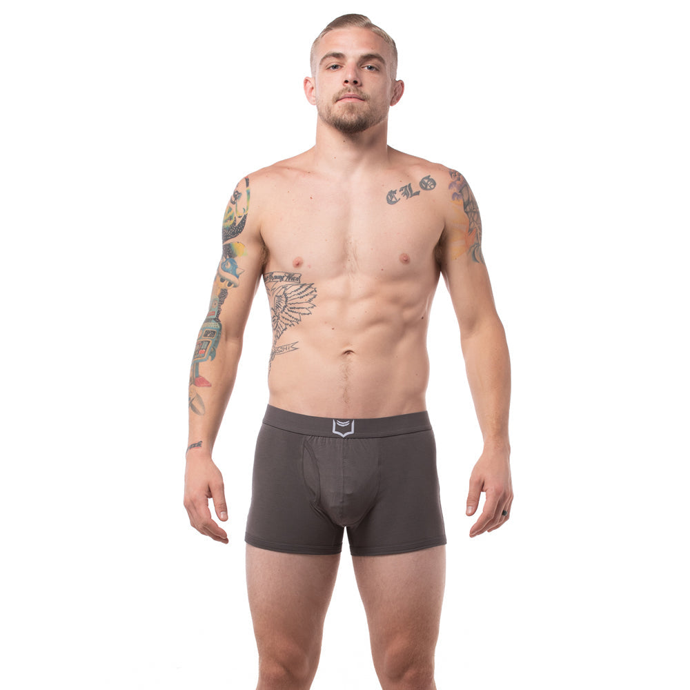 Dark gray men’s sheath 2.1 dual pouch trunks boxer briefs with subtle white logo on waistband in 3 pack bundle