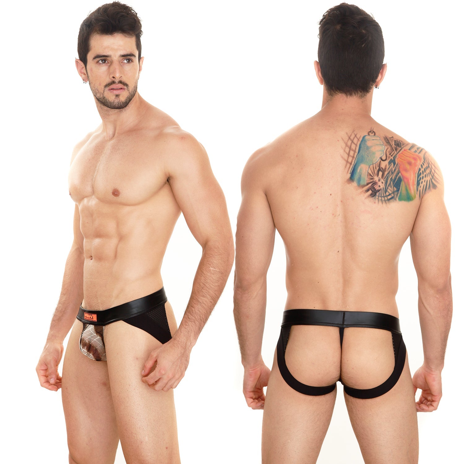 Black leather-trimmed metroMalewear super jock strap mesh briefs with patterned front panel for men