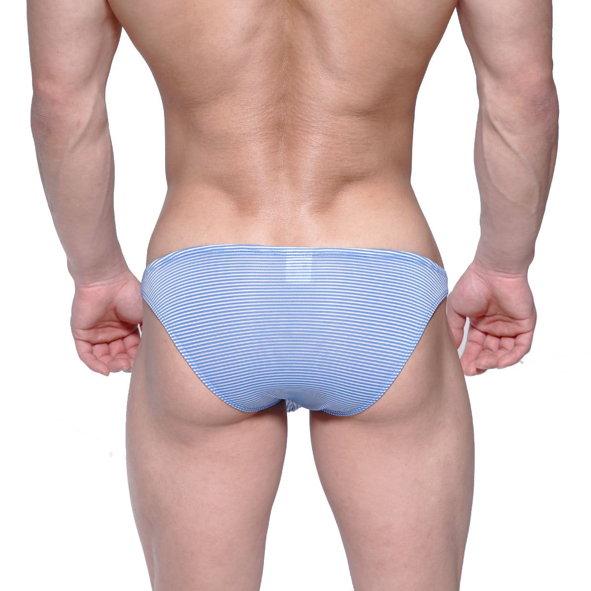 Light blue and white striped metro male wear sunbathing bikini briefs designed for comfort and style