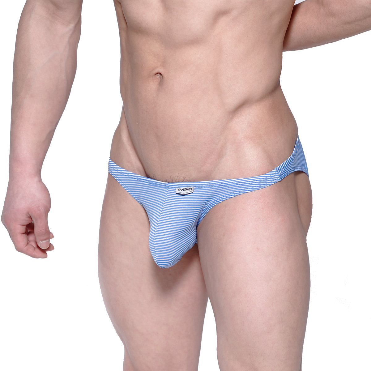 Blue and white striped metro male wear sunbathing bikini briefs with a snug form fitting design for men