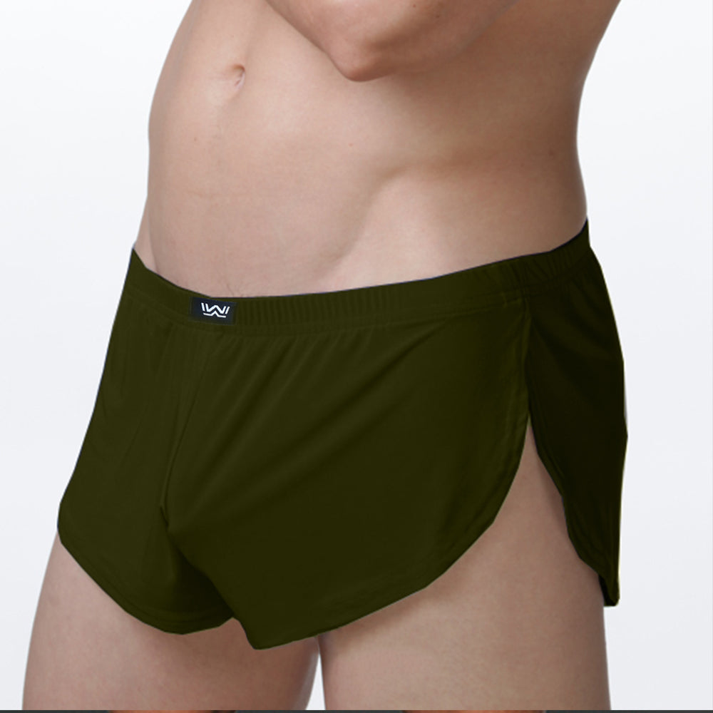 Dark olive green metroMalewear lounge split boxer athletic briefs with sleek design and black logo on waistband
