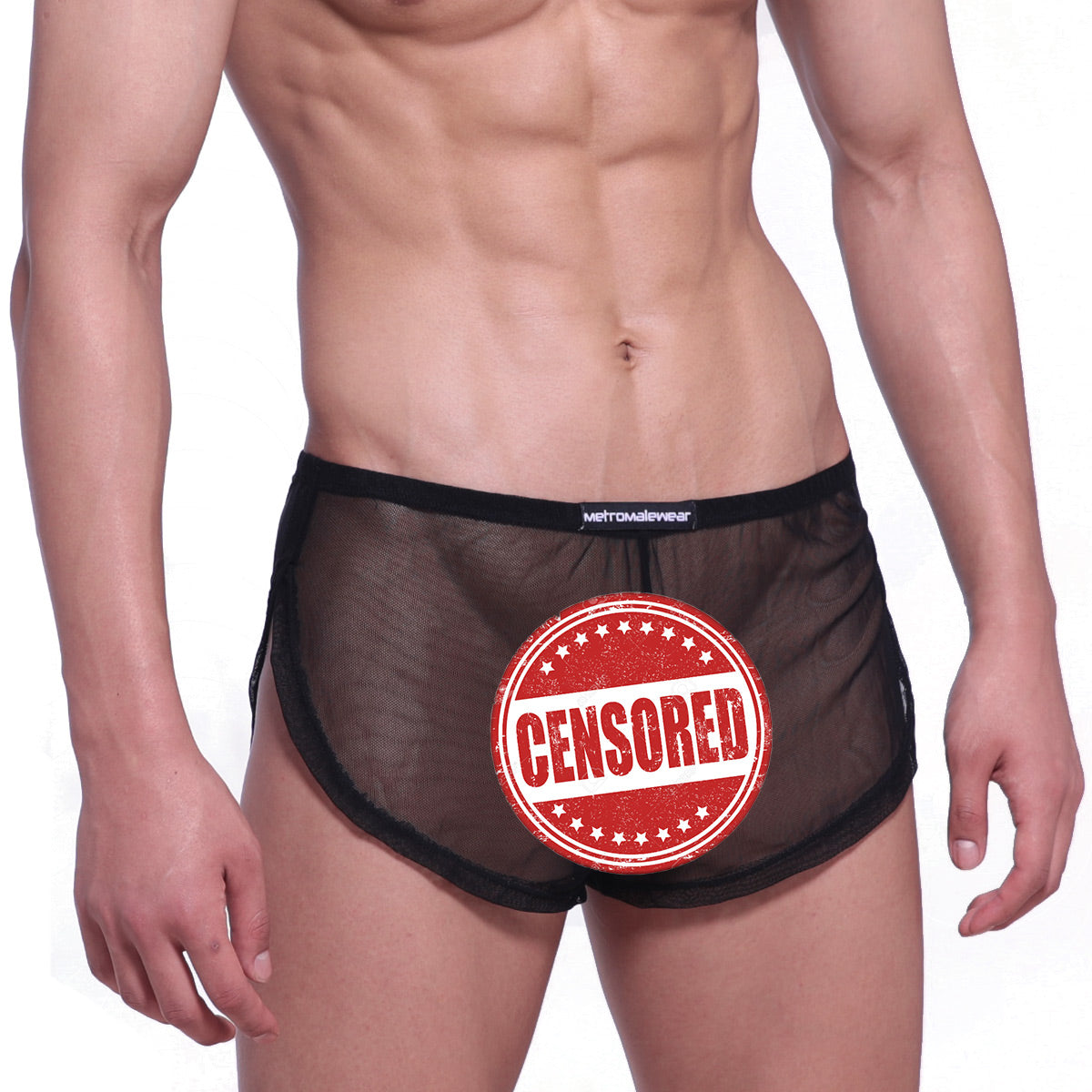 Black sheer mesh briefs with black elastic waistband branded metromalewear metroMalewear Lounge Split Boxer Black Mesh 2008-71