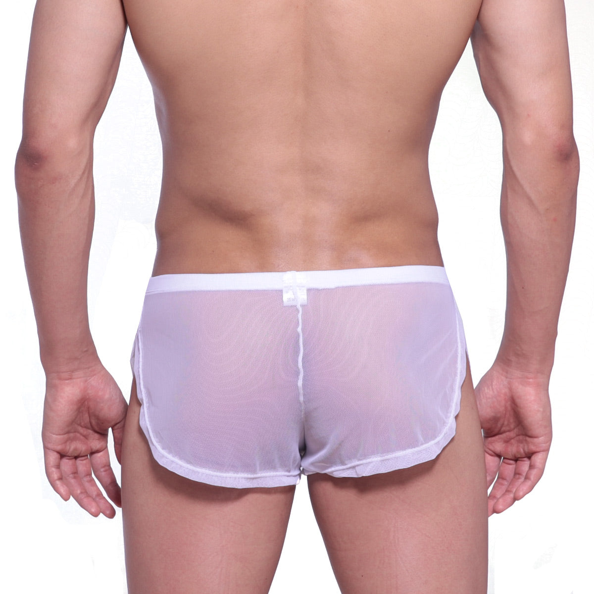 White sheer mesh briefs with solid white waistband from MetroMaleWear lounge split boxer 2008-72 product line