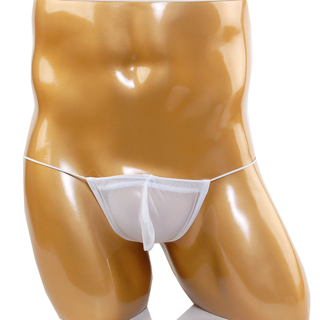 White sheer mesh thong with thin waistband and small front panel made of microfiber by metromalewear