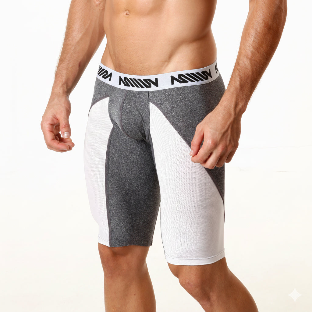 Gray and white mesh athletic shorts with textured fabric and branded waistband metro male wear 15 inch long short