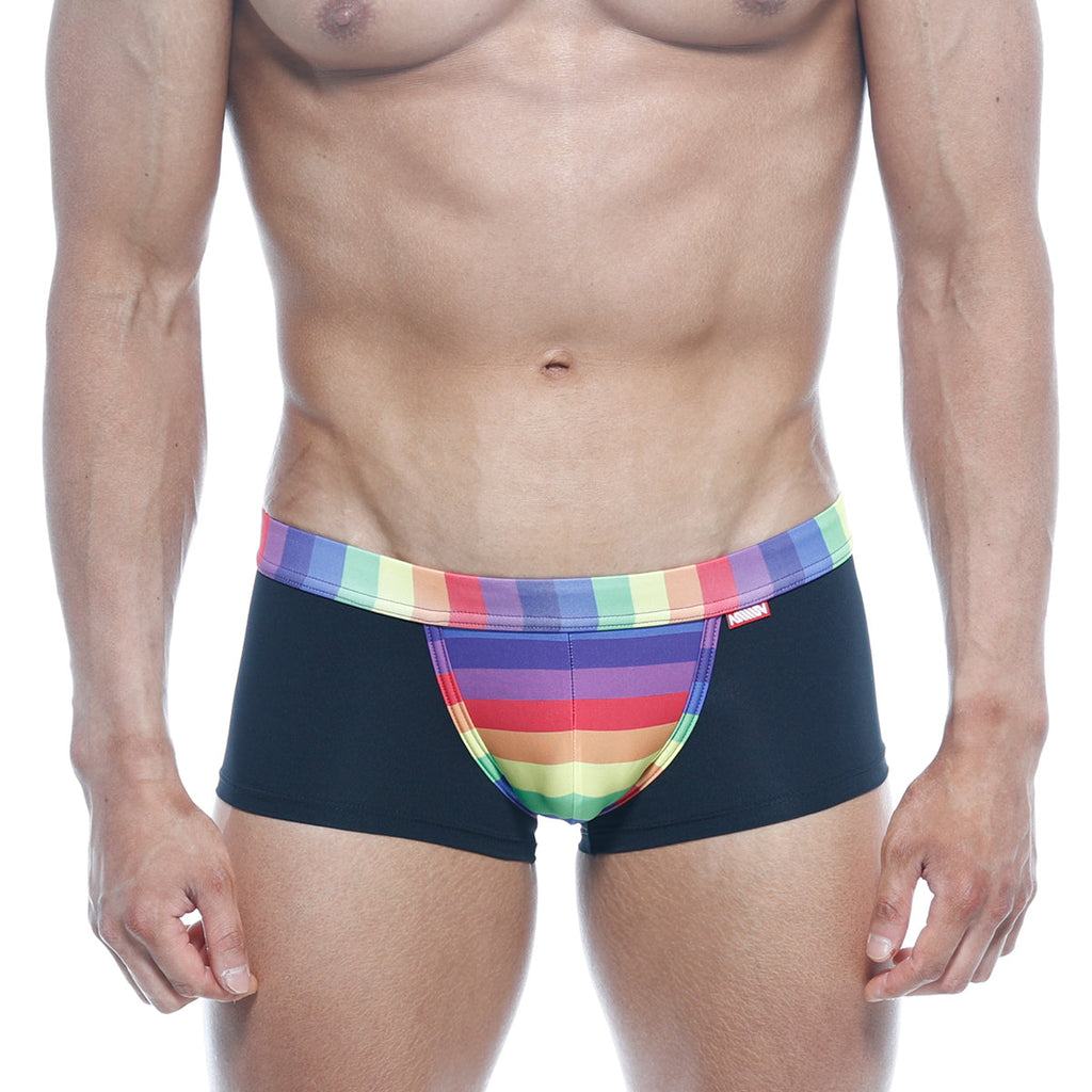 Black MetroMaleWear Rainbow trunk briefs with vibrant rainbow-striped waistband and front panel for stylish comfort