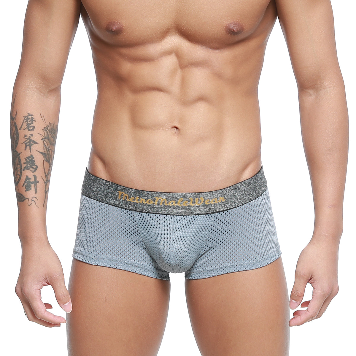 MetroMaleWear gray mesh trunk 2026-35 with textured waistband and gold lettering in breathable lightweight fabric
