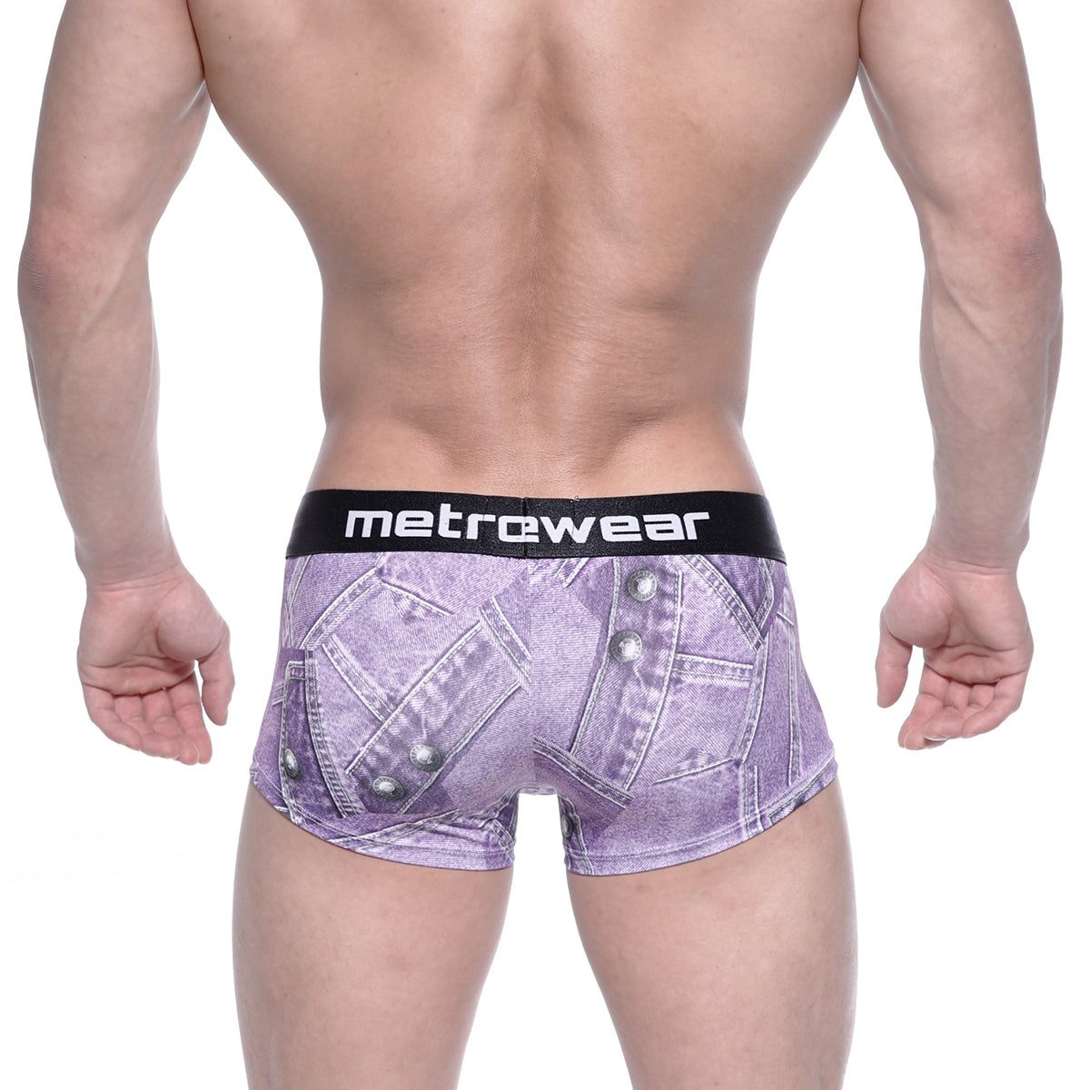 Purple denim-patterned boxer briefs with a black metrewear waistband metro malewear asian short boxer denim purple 2026-48