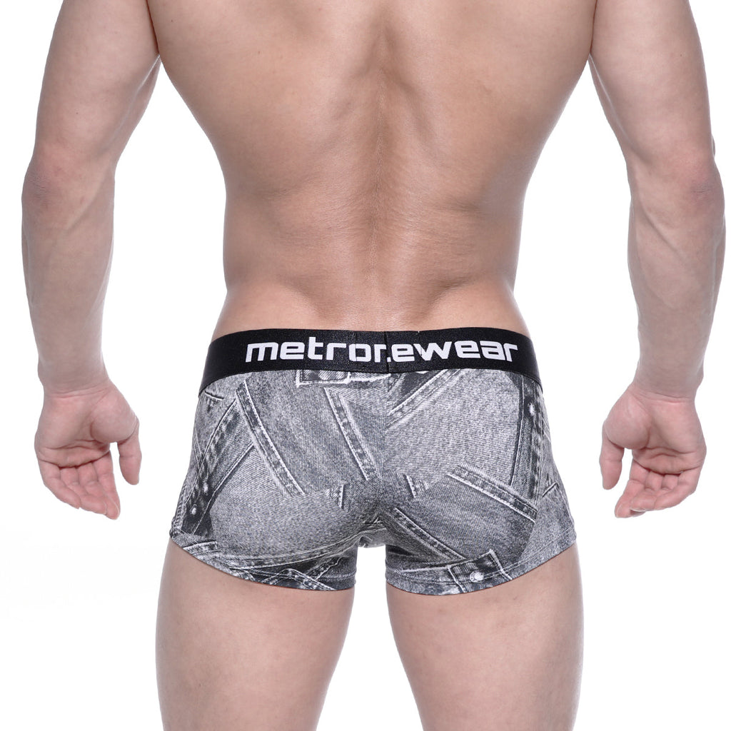 Black and gray denim-patterned boxer briefs with black waistband featuring metrorewear logo from MetroMaleWear Asian Short Boxer Denim Gray 2026-55