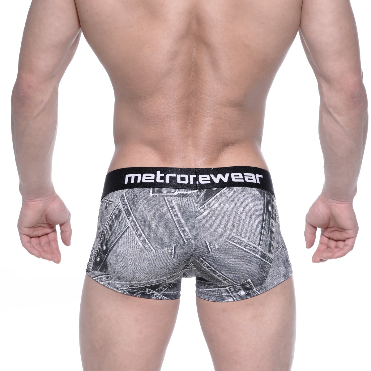 Black and gray denim-patterned boxer briefs with black waistband featuring metrorewear logo from MetroMaleWear Asian Short Boxer Denim Gray 2026-55