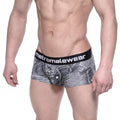 Gray denim-patterned men’s briefs with a black waistband featuring the metromalewear logo metroMalewear 2026-55