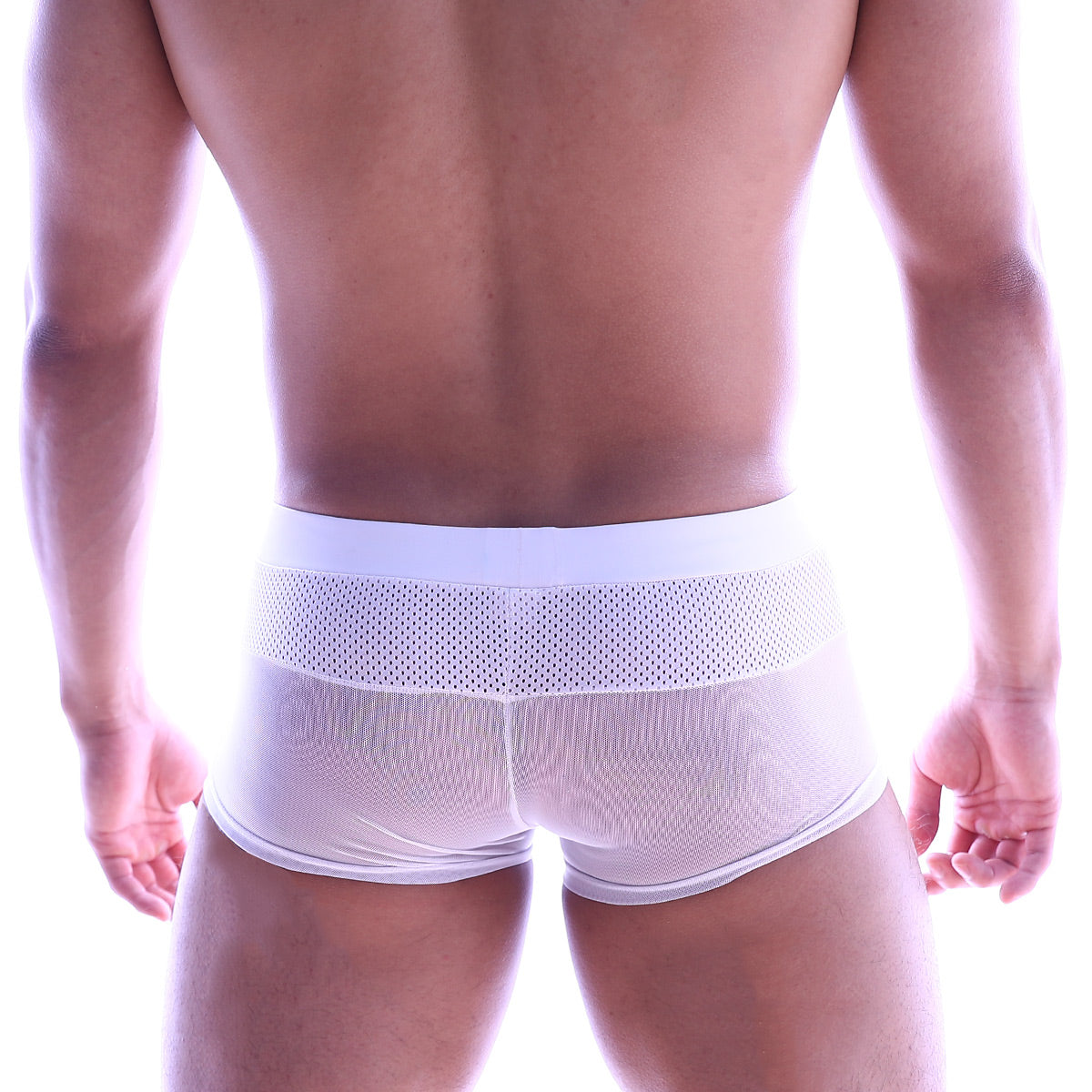 White mesh briefs with a solid white waistband metro malewear sencillo trunk 2026-60 front view