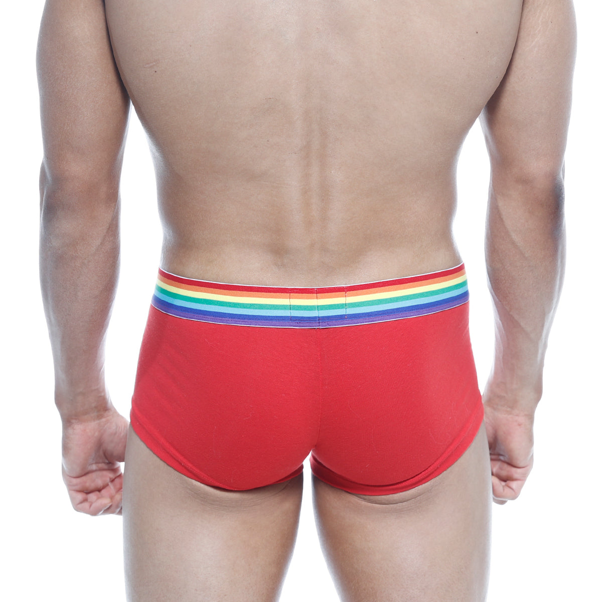 Red men’s briefs metro malewear pride trunk 2026-r12 with rainbow-striped elastic waistband