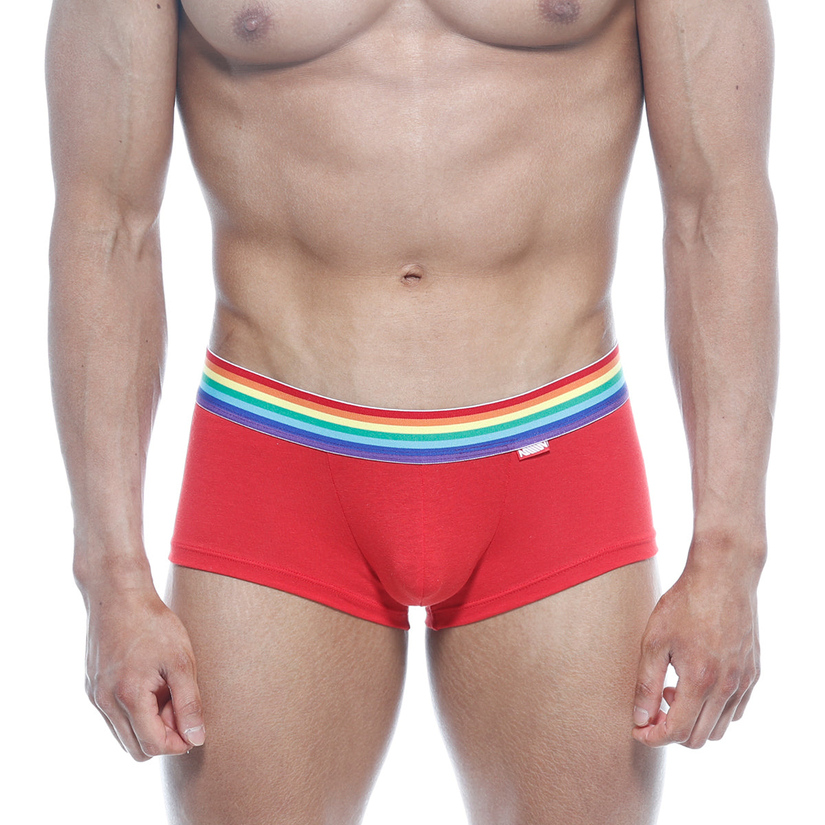 Red briefs with a rainbow-striped elastic waistband from metromalewear pride trunk 2026-r12 collection