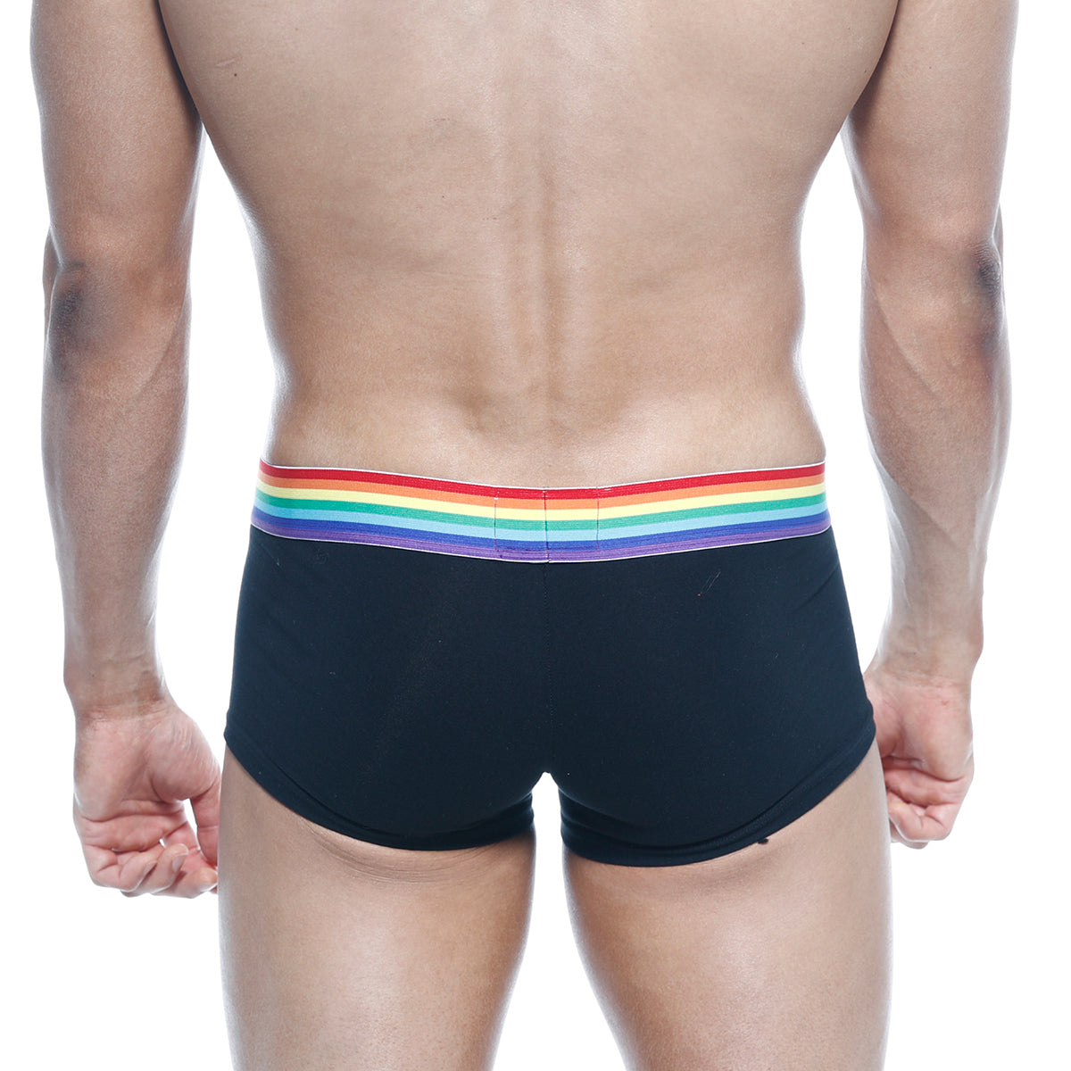 Black briefs with a vibrant rainbow-striped waistband metro male wear pride trunk black 2026-r20 front view
