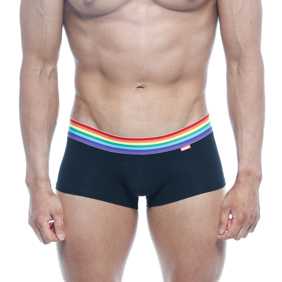 Black briefs MetroMaleWear pride trunk 2026-R20 with vibrant rainbow-striped waistband for comfortable support