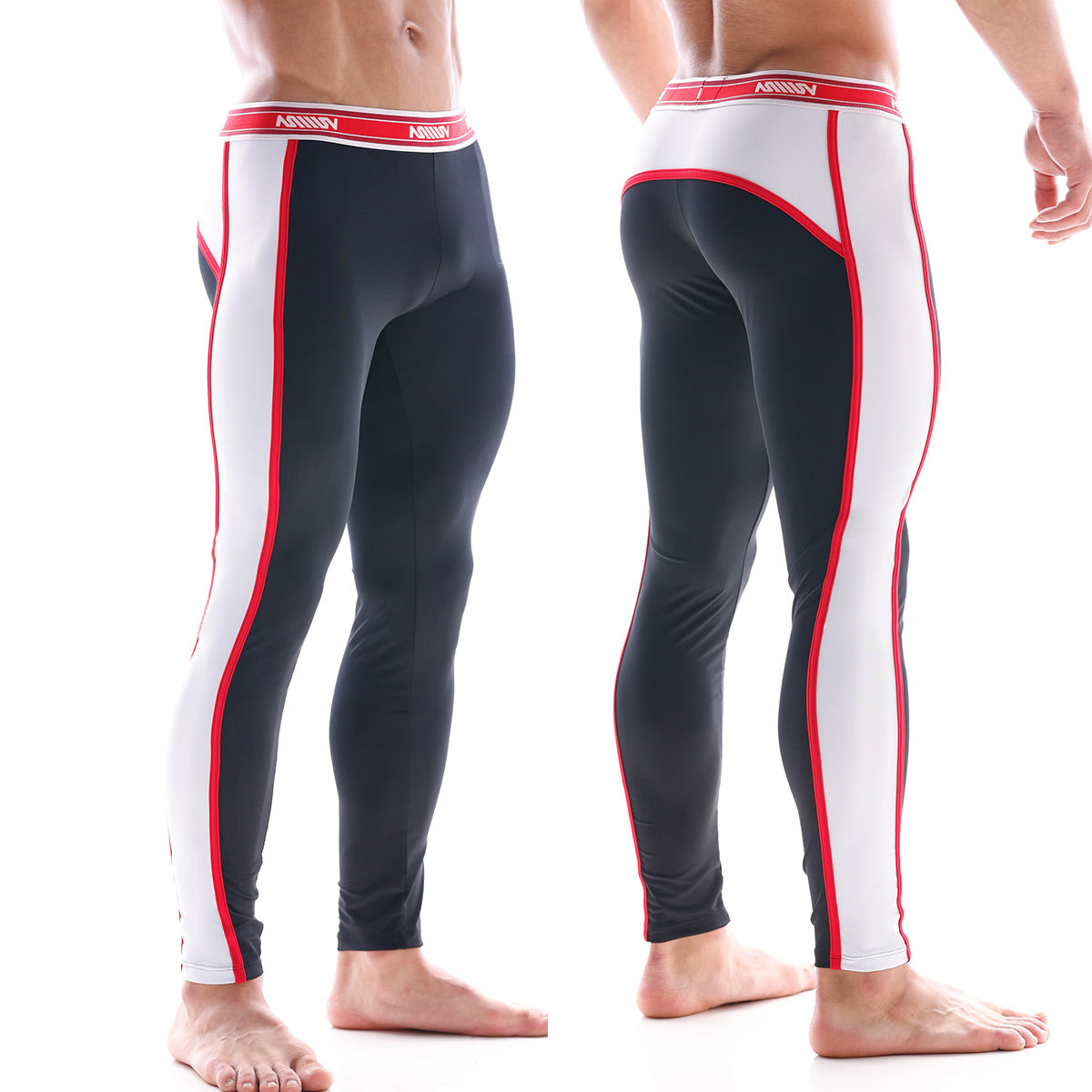 Black and white metroMalewear athletic leggings with red trim and ashny waistband featuring a snug fit