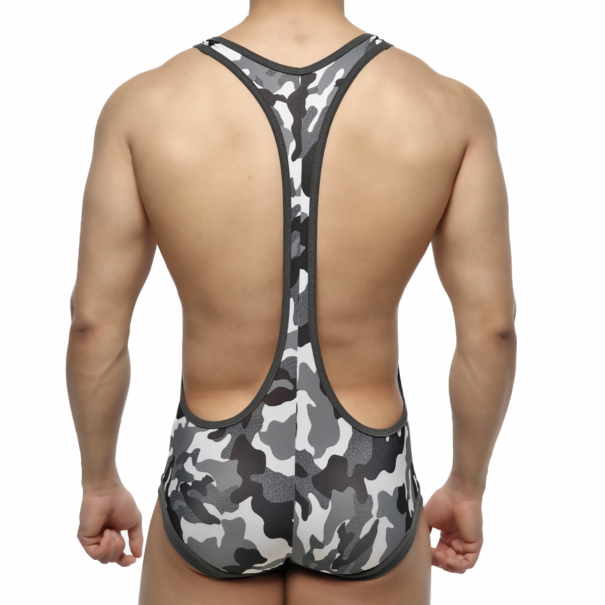 Gray and black camouflage wrestling singlet with racerback design from MetroMaleWear for competitive wrestling use
