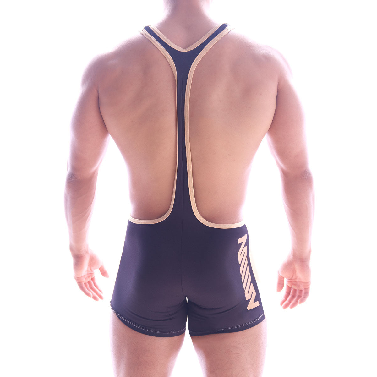 Black wrestling singlet with beige trim and bold stylized logo side detail by MetroMaleWear Olympian 2094-20