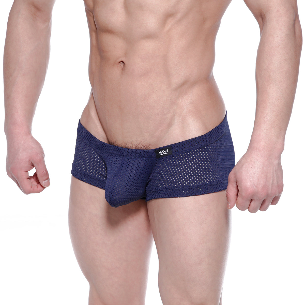 Navy blue mesh briefs with subtle MetroMaleWear logo on the waistband from Oscar Boxer 2125-28 collection