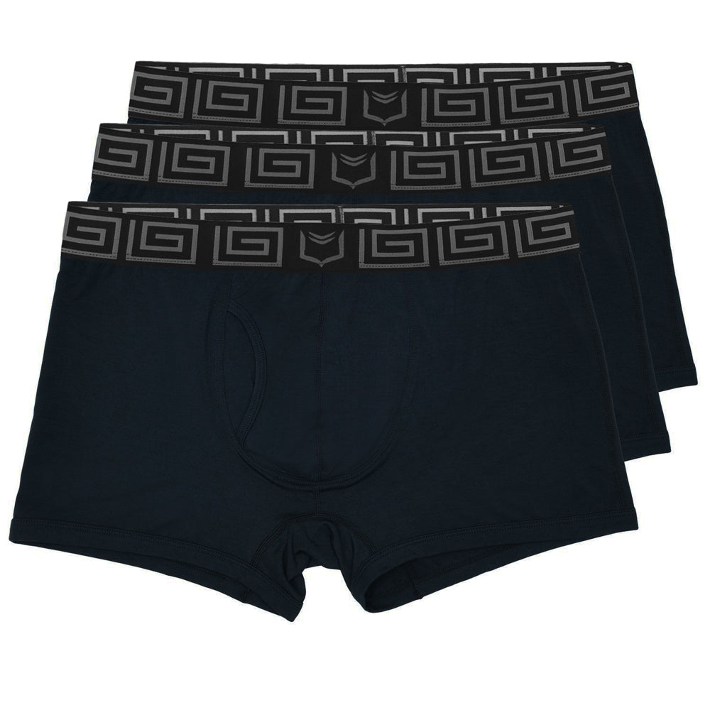 Black sheath 2.1 bamboo men’s dual pouch trunks with gray geometric waistband in a 3 pack