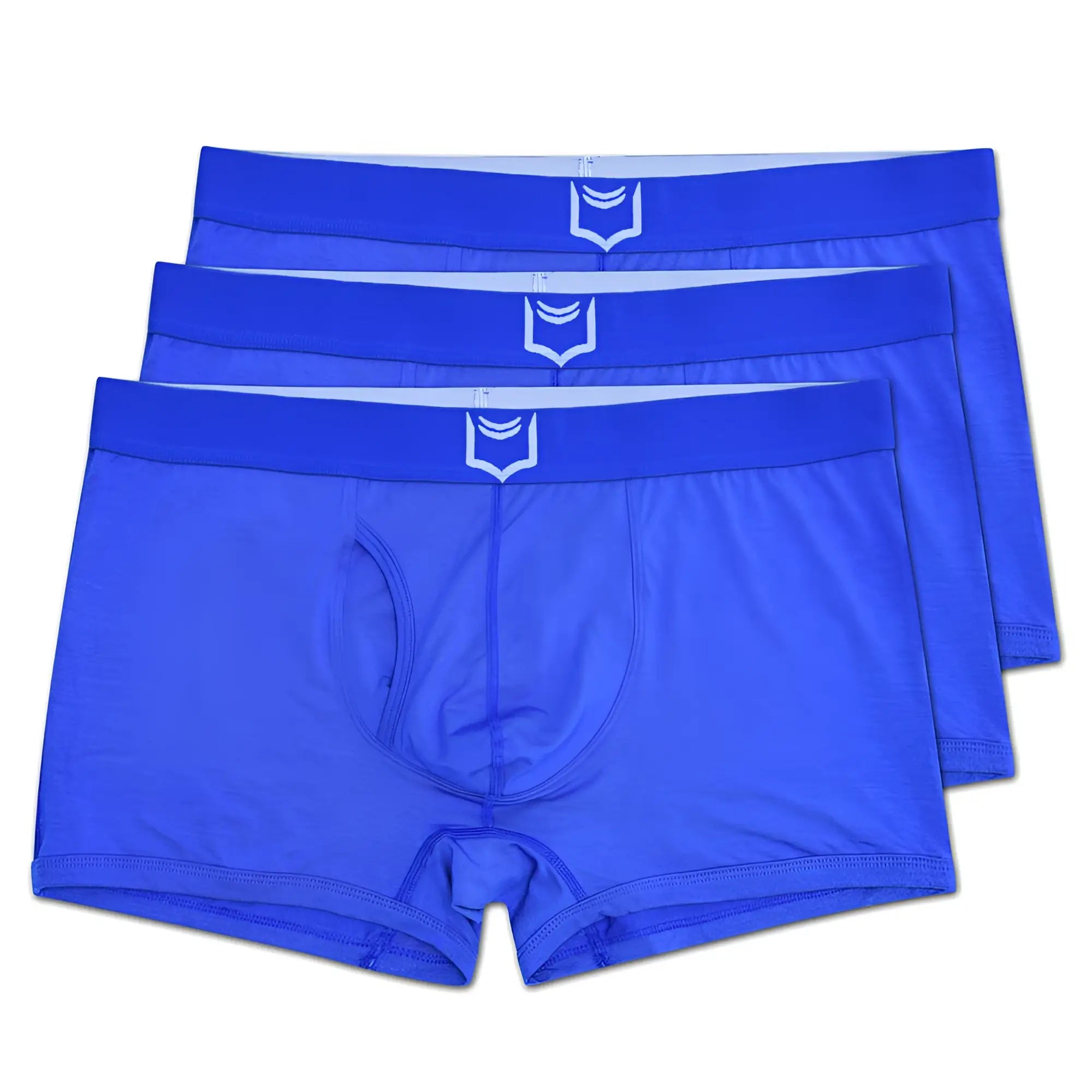 Bright blue sheath 2.1 dual pouch trunks men’s boxer briefs with white shield logo on waistband 3 pack bundle