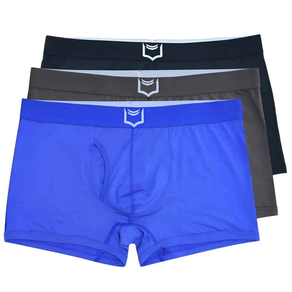 Set of three sheath 2.1 dual pouch trunks boxer briefs in vibrant blue charcoal gray and black with white shield logo waistband